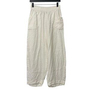 FLAX White Linen Pants Elastic Waist Wide Leg Flowy Lagenlook Pockets Size P